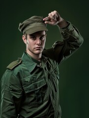 Obraz premium Brave Soldier in Uniform with Determined Salute on Dark Green Background for Military Concept - Copyspace on Left.
