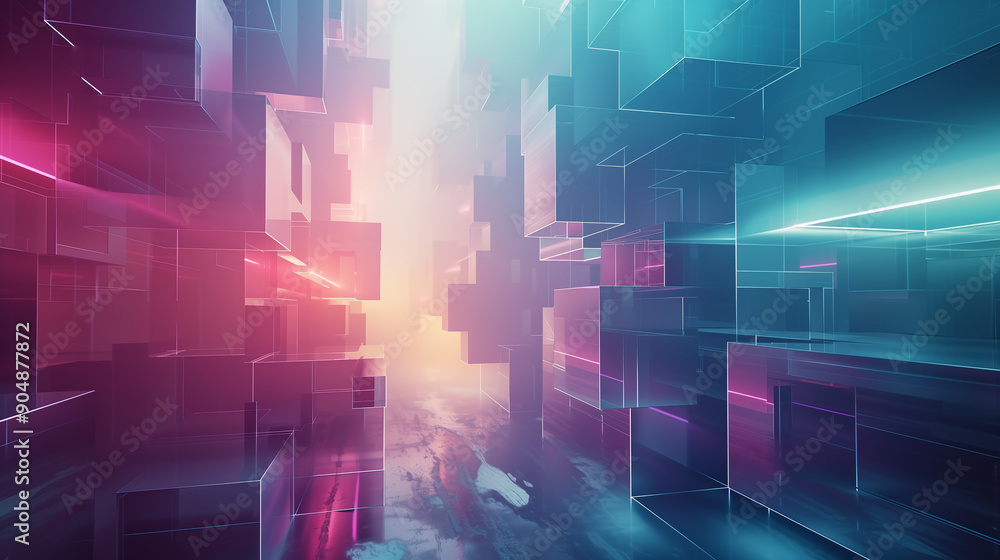 Poster a colorful, abstract image of a mountain range with a blue and red background. the image is full of 