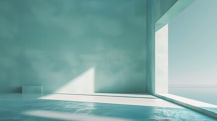 Obraz premium Azure Sanctuary: Minimalist Serenity - A sun-drenched sanctuary with teal walls and a water feature, offering a serene space for contemplation. 