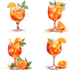 Spritz Cocktail Set Watercolor Design Vector Illustration.