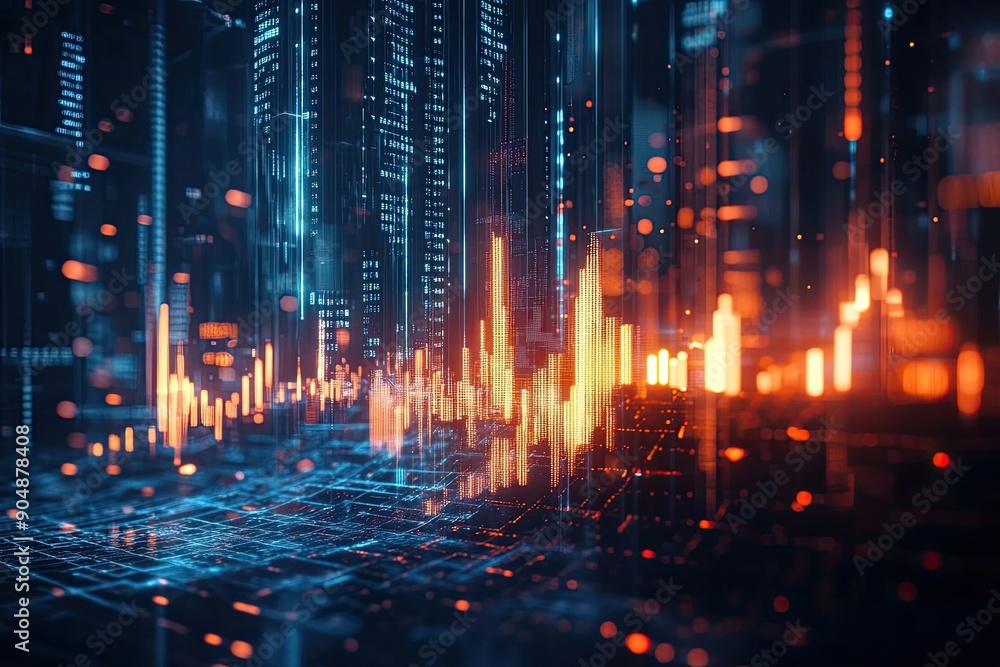 Poster abstract futuristic cityscape with glowing towers and data streams