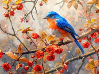 Blue Orange Bird Perched Tree Branch