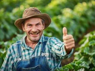 Happy Farmer Giving Thumbs Up in Front of Abundant Harvest with Copyspace, Proud Agricultural Success Concept