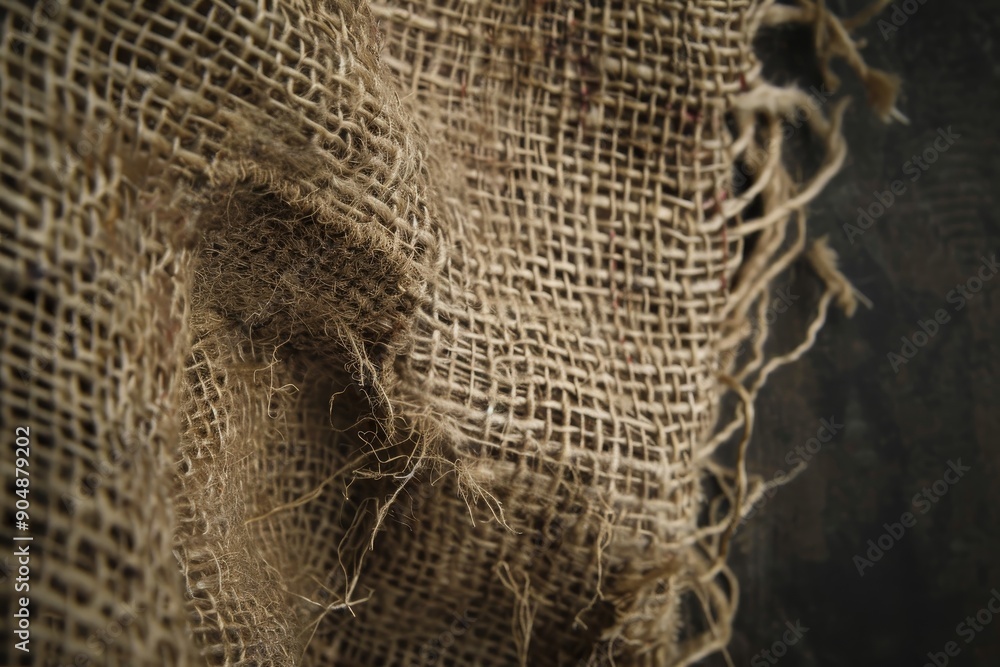 Poster detailed view of a frayed burlap sack with unraveling threads, frayed burlap sack with unraveling th