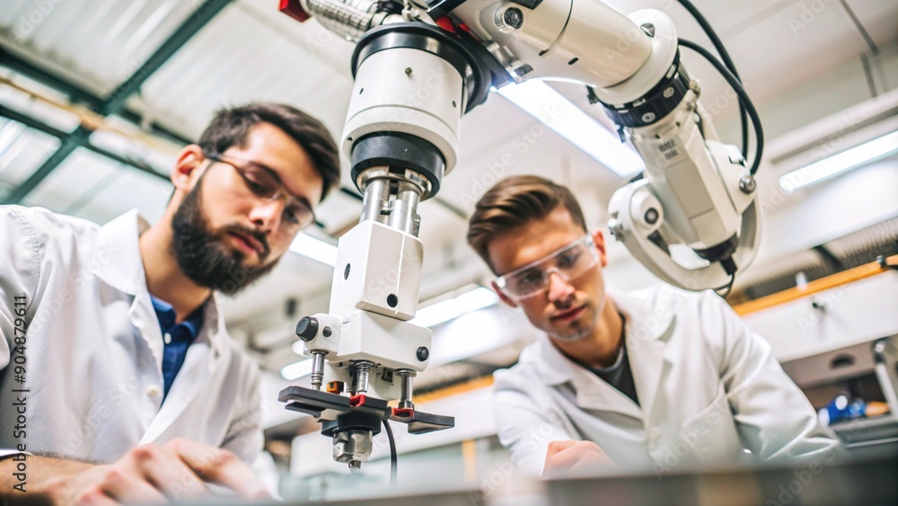 Aufkleber a close-up shot of a scientist in a white lab coat carefully adjusting a robotic arm with high-tech 