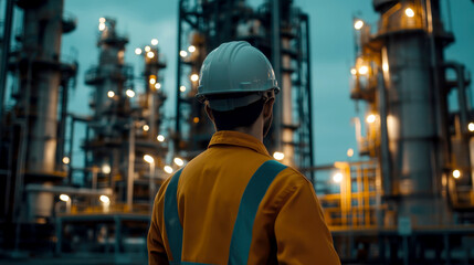 Oil refinery worker wearing hard hat and safety vest