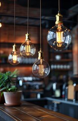 Obraz premium Vintage hanging light bulbs create a retro ambiance in a coffee shop with stylish interior design