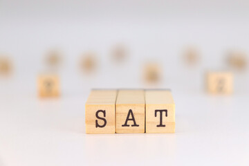 SAT Acronym - Tax Administration Service in Spanish language written on wooden cubes isolated on white background with copy space for the text.