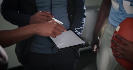 Football, team and tablet for planning, coach and mockup space with cooperation, fitness and internet. Group, people and trainer with players, tech and collaboration for exercise, training and app