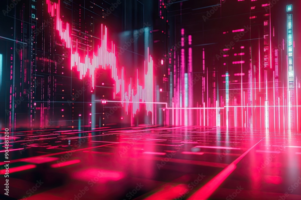 Poster abstract digital data visualization with neon pink lines and grid pattern.