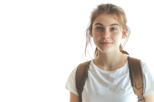 An adventurous young woman with a backpack and a desire to travel, isolated on a white background.