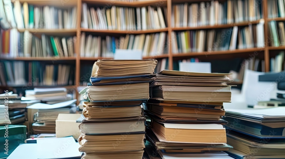 Poster stack of books on a table with a bookcase in the background