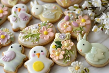 Assorted Hand-Decorated Easter Cookies on White Background