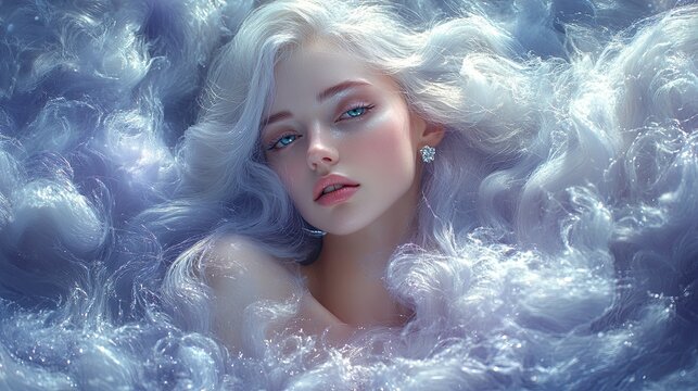 Beautiful Fantasy Woman with Long Wavy Lavender Blue Hair and Turquoise Eyes - Ethereal Character Portrait