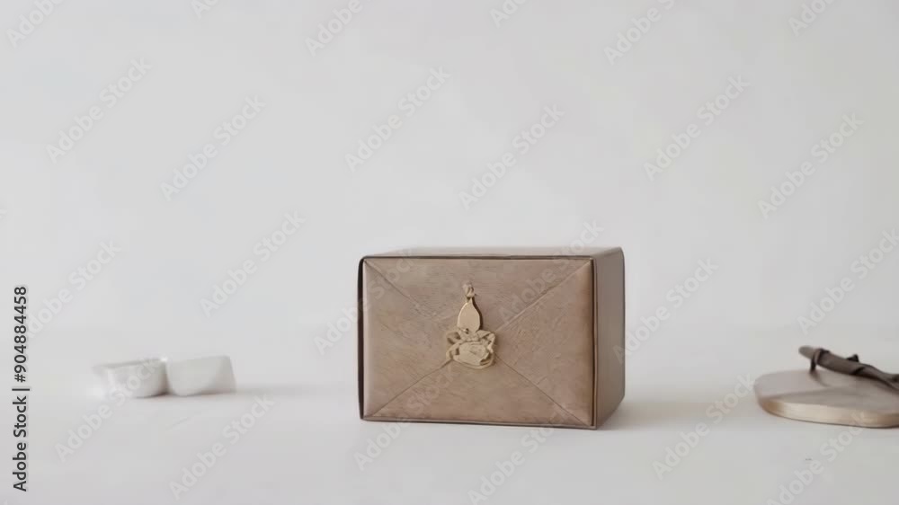 Poster a minimalist table scene featuring an elegant box, scissors, and simple items, emphasizing craftsman