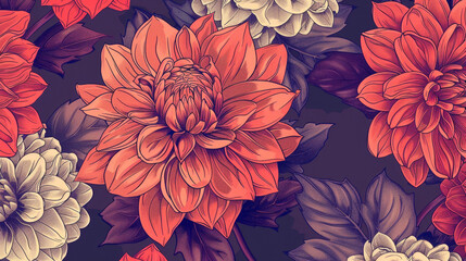 Fototapeta premium Vibrant Floral Pattern with Orange and Red Dahlia Blooms