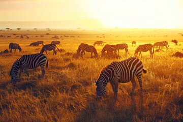Obraz premium Savannah with a herd of zebras grazing