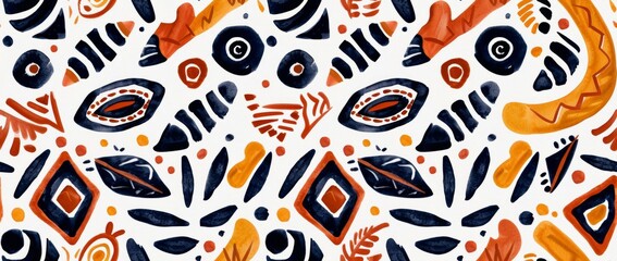 Naklejka premium The seamless pattern features tribal patterns displayed in bold contrasting colors and a watercolor style.