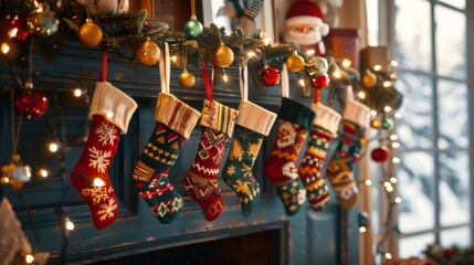 Festive Christmas Socks Hanging on a Cozy Window Sill