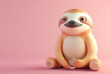 Fototapeta premium Cute orange sloth sitting calmly, pink background, 3D illustrati