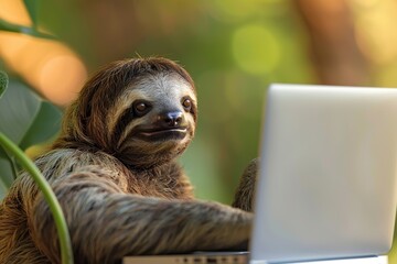 Fototapeta premium Sloth using laptop in lush greenery, embodying work-life balance