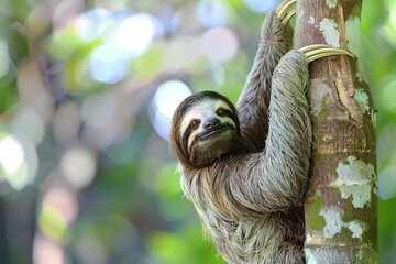 Obraz premium Smiling sloth hanging on tree in lush green forest