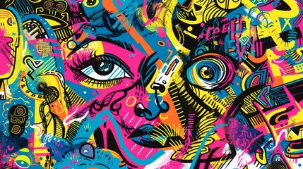 Fototapeta premium Vibrant Graffiti Artwork Featuring Abstract Faces and Patterns