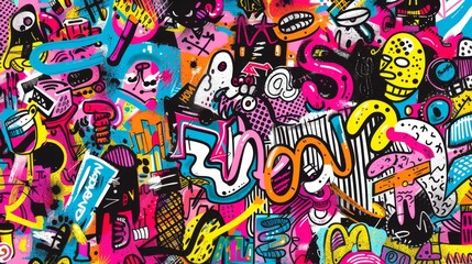 Vibrant Graffiti Artwork Featuring Abstract Faces and Patterns