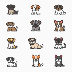 Cute dog icon set, pet animal flat symbols, puppy icons silhouettes, funny dog character pictogram