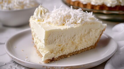 Coconut Cheesecake Slice on a White Plate. Coconut Cream Pie Cheesecake