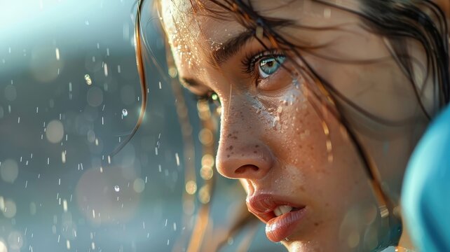 Photorealistic portrait of a female athlete with a determined gaze fixed on the finish line.