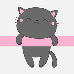 Cat hanging on pink ribbon. Peeking gray kitten. Paw print hands, legs. Line contour silhouette. Hand drawn doodle. Cute cartoon character. Funny Kawaii pet animal. Flat design White background Vector