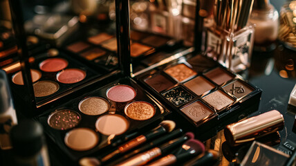 Make-up cosmetic product, beauty products and cosmetics swatch sample flatlay, various makeup brand tools as glamour fashion night out background idea