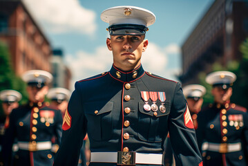 A US Marine stands in the foreground at the parade in full dress uniform