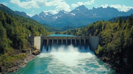 A wide-angle shot of a hydroelectric dam with water flowing through the turbines. The image highlights renewable energy production and the engineering marvels involved in harnessing natural