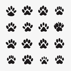 Paw footprint icon, animal foot print, dog step, wolf trail, bear trace silhouette, paw footprint on white
