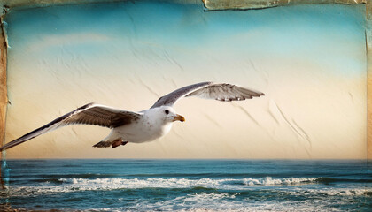 Naklejka premium Seagull flying over the sea on old grunge worn paper background.