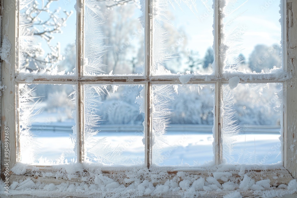 Poster a window covered in frost with a view of a snow-covered field outside, frost-covered windows framing
