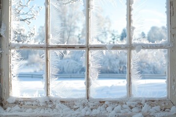 A window covered in frost with a view of a snow-covered field outside, Frost-covered windows framing a view of a winter wonderland outside