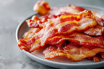 Golden, crispy bacon strips served on a plate, perfect for breakfast or as a savory snack to enhance any meal.