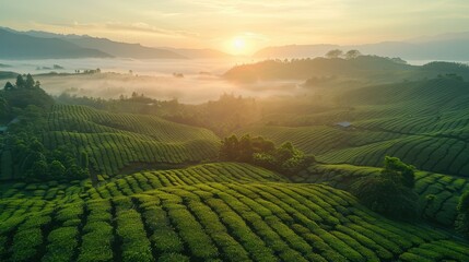 Fototapeta premium Stunning Sunrise Over Lush Green Tea Plantations with Misty Mountains in the Background