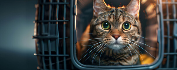 A curious tabby cat peeks out from its carrier, showcasing bright eyes and a playful demeanor in a cozy, illuminated setting.