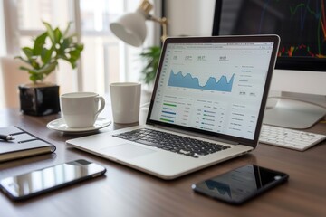 Fototapeta premium A laptop displays a financial dashboard, surrounded by coffee cups, documents with charts, and a smartphone, creating a productive workspace atmosphere. Generative AI
