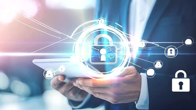 Cybersecurity Network - Businessman Using Digital Tablet with Padlock on Network Security Technology, Cloud Computing, Data Encryption, and Cybersecurity Background 