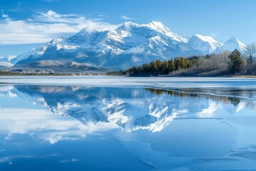 Snow-capped Grand Teton mountain range reflecting in a frozen lake, Frozen lake reflecting the snow-capped mountains in the distance