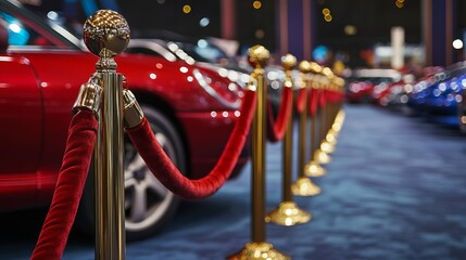 Red velvet ropes and gold posts mark the VIP-only area at a luxury car show.