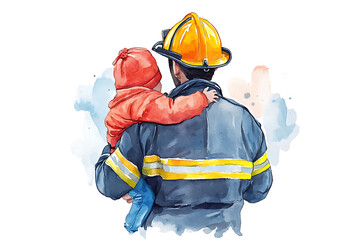 Fototapeta premium Firefighter Holding Child in Watercolor Dad and son