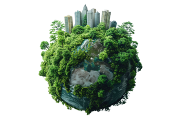 Urban Jungle Earth: A thriving city skyline harmoniously coexists with lush nature on a miniature globe, symbolizing sustainable urban development and environmental consciousness.