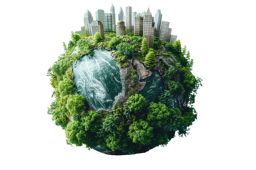 Green Cityscape Earth: A miniature world thrives with lush greenery, a bustling city nestled within its vibrant ecosystem, showcasing urban harmony with nature. 