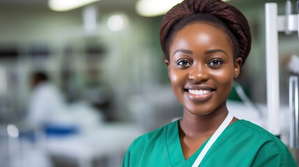 Fototapeta premium Portrait of a confident and friendly African female doctor or nurse in a modern hospital, wearing green scrubs and a cheerful smile.